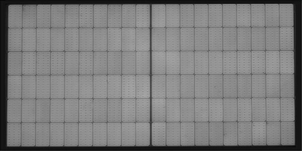 A greyscale electroluminescence scan of a solar panel showing its cell grid, used to illustrate potential induced degradation