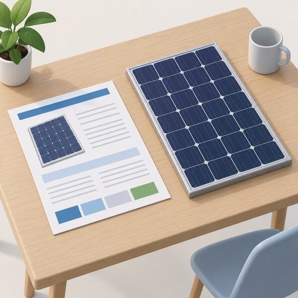 A printed solar module datasheet lying on a table beside a small crystalline silicon solar panel, its page showing blank line blocks and plain colour bands where the standards listings would appear, with no readable words or numbers.
