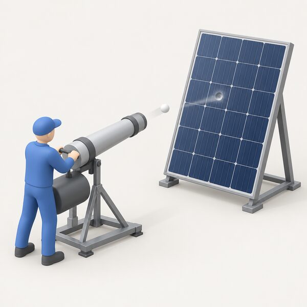 A close-up view of a solar module's glass surface with one small round impact mark at a specified hail test location, with a simplified isometric figure holding a pneumatic hail launcher barrel aimed at the glass, showing the test setup and the impact point on the module.
