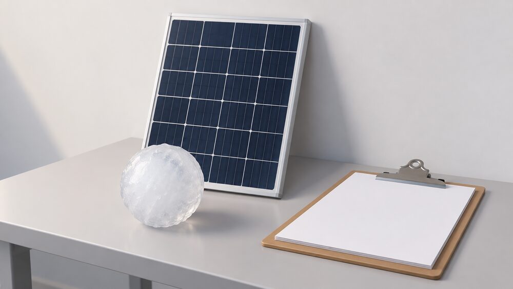 A small solar module leans against a wall on a laboratory table beside a stack of blank datasheet paperwork on a clipboard, with a large round ice ball resting nearby to suggest the hail impact test.