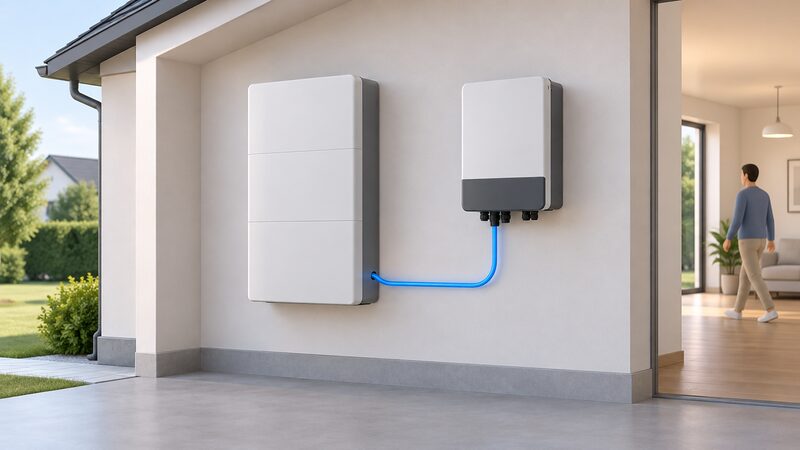 A simplified cutaway-style diagram of a wall-mounted home battery module linked by a communication cable to a nearby hybrid inverter, with the cable drawn as a bold highlighted line running between the two units inside a home.