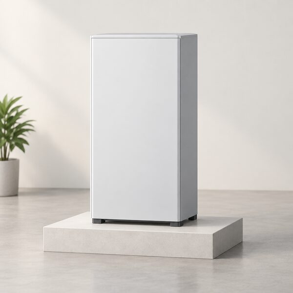A single plain rack-mounted lithium battery module standing alone on a simple plinth in a neutral indoor setting, shown as a generic rectangular cabinet with a plain front panel and no markings, representing an established supplier's home battery product.