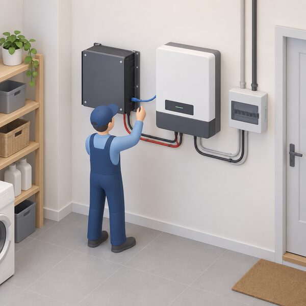 A small rack-mounted battery module on a utility room wall next to a wall-hung inverter, with a slim communication cable running between them and a simplified isometric figure of an installer checking the connection.