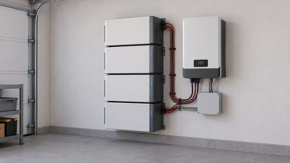 A close-up of stacked rectangular home battery modules mounted on a garage wall, with cabling running from the stack to a separate battery management system and inverter unit beside it, no people present.
