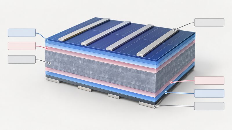 A cutaway diagram of one heterojunction solar cell drawn as a flat layered stack, showing a crystalline silicon wafer core sandwiched between thin amorphous silicon layers, with conductive layers and metal contact strips on top and bottom faces, each layer identified by a leader line to a blank label block.