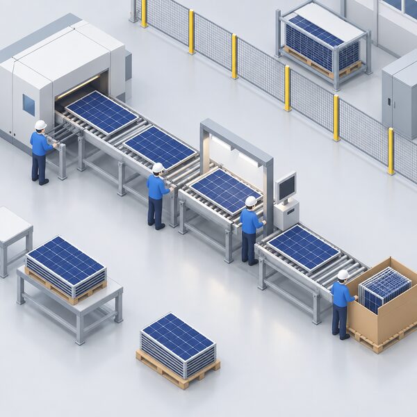 An isometric view of a clean modern solar panel factory production line, with simplified figures of workers guiding solar modules along conveyor rollers as the panels are assembled and inspected before packing.