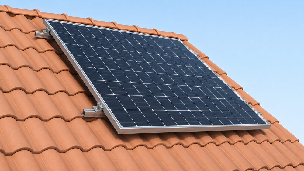 A single dark rectangular solar panel with a fine grid of cells, mounted flush on a pitched roof under bright daylight, shown close up with its aluminium frame and mounting rails visible and nothing else in the scene.