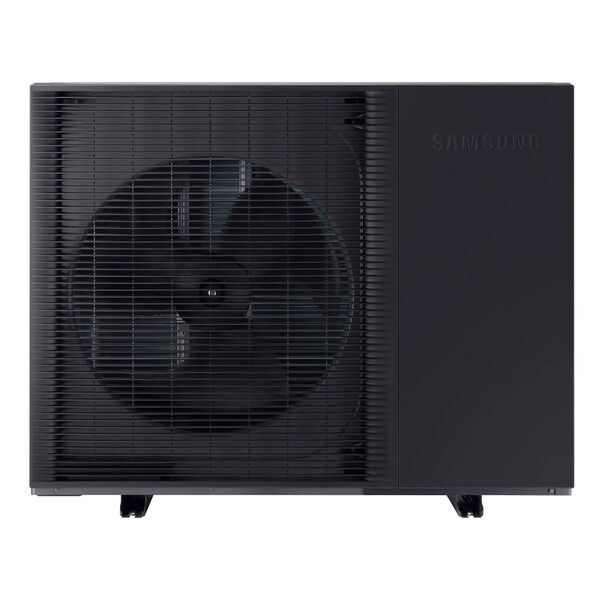 A black Samsung EHS Mono air source heat pump outdoor unit with fan grille, shown on a white background