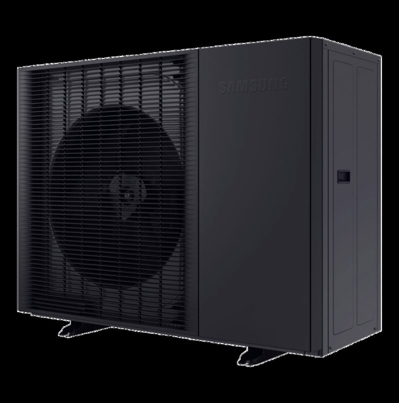A black Samsung EHS Mono HTQ air source heat pump outdoor unit shown against a plain white background