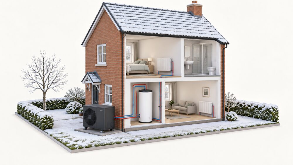 A cutaway UK house in winter with a large dark monobloc air-to-water heat pump unit standing on the ground outside an external wall, water pipework only passing through the wall into the house, where it connects to a radiator and a hot water cylinder.