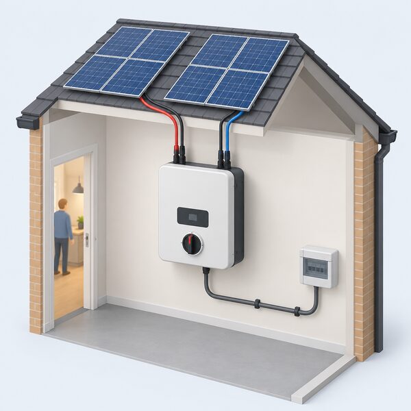 A wall-mounted string inverter indoors beside the solar installation, with two DC strings from the roof entering its two MPPT inputs through its integrated DC isolator and an AC cable running to the household supply.