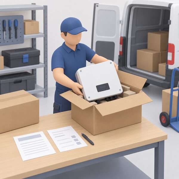 A simplified installer figure in a workshop or van setting holds a boxed Sunny Boy Smart Energy inverter received from a distributor, with a quotation sheet and delivery note lying on a nearby surface shown only as blank lines and plain blocks.