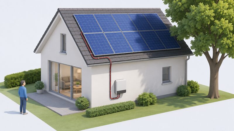 A pitched roof with a PV array partly shaded by a nearby obstruction, panels wired as a single string down to a string inverter mounted on the wall below, with no extra boxes behind the panels, showing shade handled by the inverter itself.