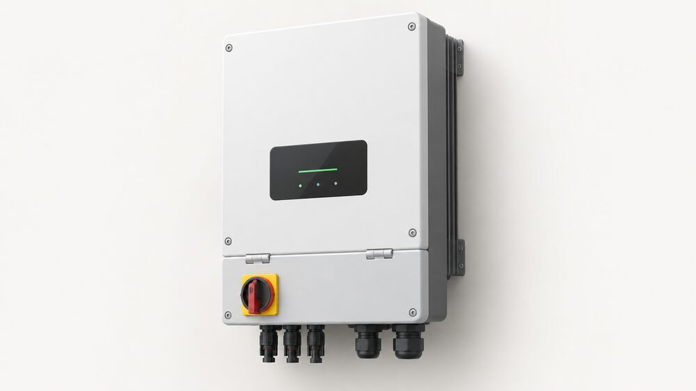 A close-up of a single wall-mounted hybrid solar inverter unit, a plain rectangular box with cooling fins and a hinged connection cover, with its DC isolator switch and plug-in connectors visible at the base and nothing else in the scene.