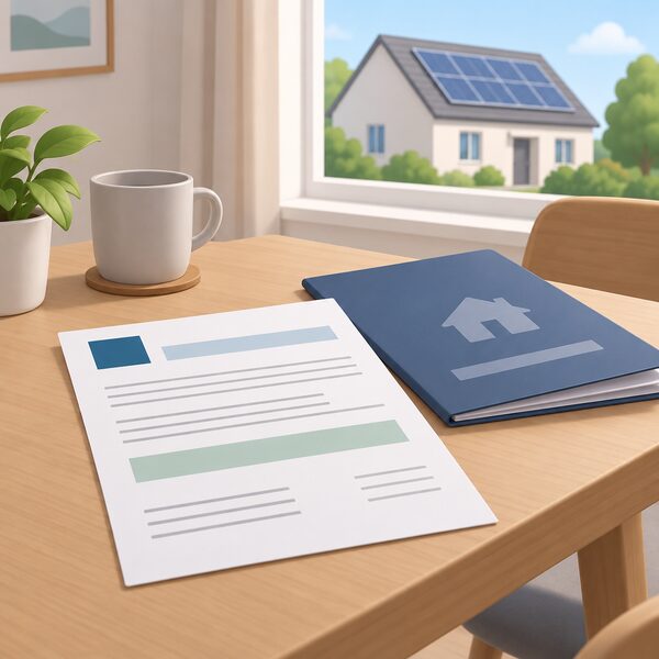A printed MCS certificate lying on a table in a home, shown as a physical document with blank lines and plain colour bands instead of readable text, beside a handover folder, with a simplified house with rooftop solar panels visible through a window behind.