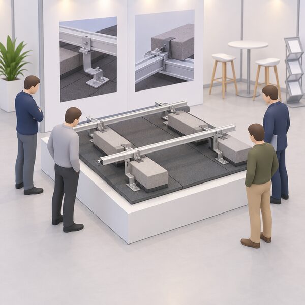 A trade exhibition stand displaying a fully built-up solar mounting assembly, with rails, roof hooks and ballast blocks arranged together on a low plinth for visiting installers to inspect, with no solar panel fitted so the components themselves are the focus.