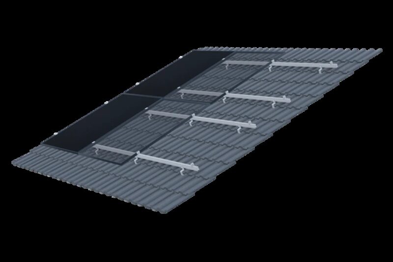 A 3D render of solar panel roof hooks and mounting rails installed on a tiled pitched roof