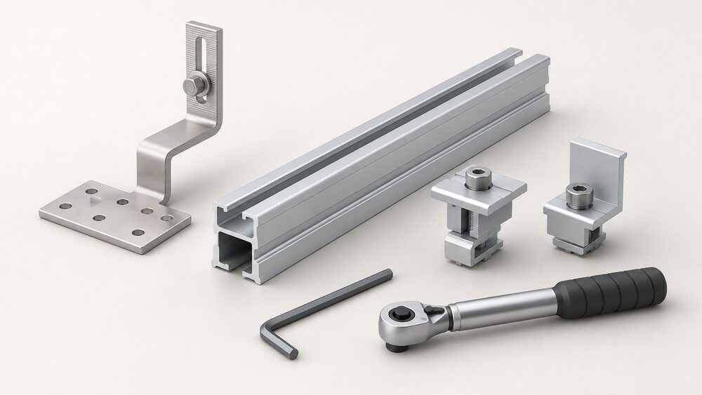 A close-up of the parts of a pitched roof solar mounting kit laid out on a plain surface: an aluminium mounting rail, a roof hook, a mid clamp and an end clamp, with a hex key and torque wrench beside them.