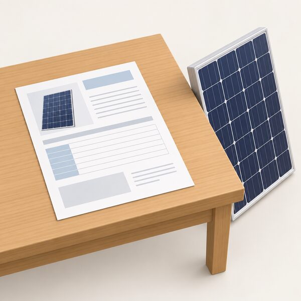 A printed solar panel datasheet lying flat on a wooden table, its page showing plain blocks and blank lines where certification standard details would appear, beside a small crystalline solar module leaning against the table edge.