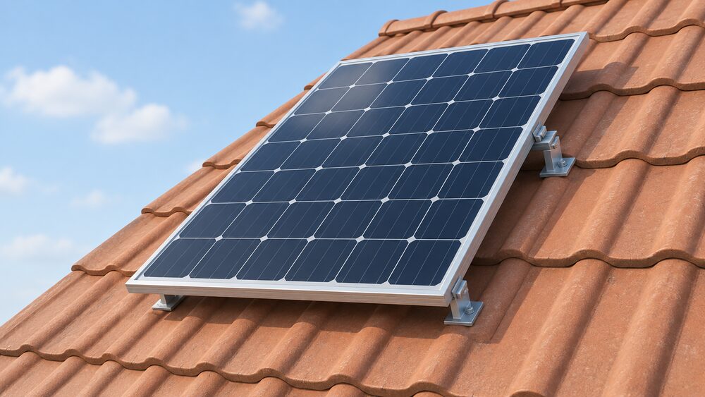 A single framed monocrystalline solar panel mounted on a section of pitched roof, seen close up in daylight, with its aluminium frame, dark blue-black cells under glass and a roof mounting bracket visible, and nothing else in the scene.
