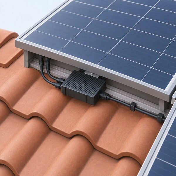 A small rectangular power optimiser box mounted on the roof beneath a solar panel, with its short cables connecting to the panel's output leads and onward along the array, drawn as a close-up of one panel corner on a tiled roof.