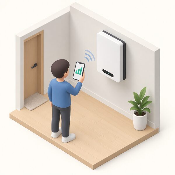A Home Hub inverter mounted on an indoor wall with a small isometric figure nearby holding a smartphone whose screen shows a plain bar display of real-time production, connected wirelessly to the inverter.