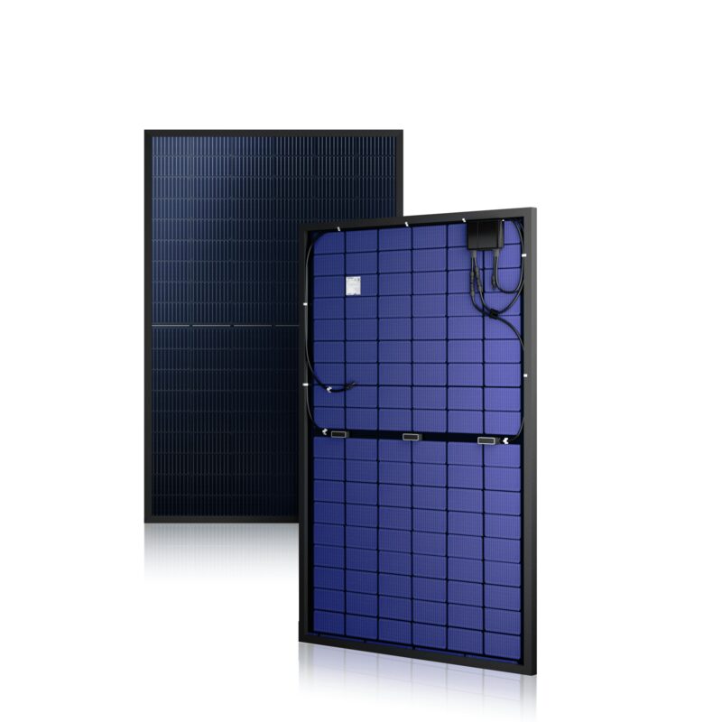 Two SolarEdge smart solar panels, one shown from the front and one from the back with attached power optimiser and cabling, on a white background