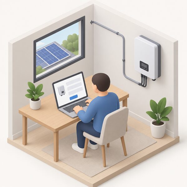 A simplified figure sits at a desk with a laptop showing a warranty extension form as blank lines and plain blocks, entering an inverter serial number, with the wall-mounted solar inverter visible nearby in the home.