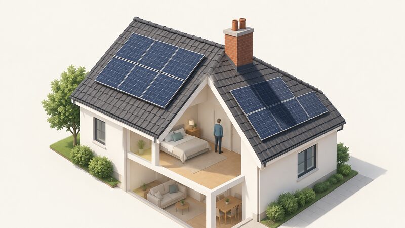 A house roof with two pitches facing different directions, each carrying a row of solar panels, with one section of panels partly crossed by a shadow cast by a brick chimney, shown in a simple cutaway isometric view.