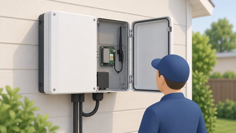 An open SolarEdge inverter mounted on an outdoor wall with its cover removed, revealing a small cellular plug-in module with a SIM card seated inside the enclosure and a small antenna attached, with a simplified figure looking in.