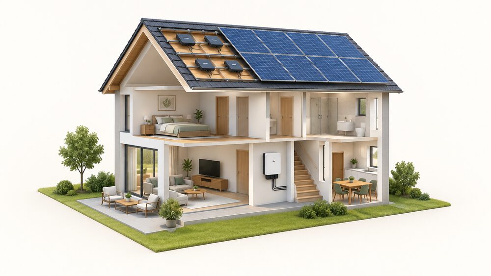 A cutaway house with solar panels on its pitched roof, one central string inverter box mounted on a wall inside the building, and small microinverter units shown beneath the panels on the roof, contrasting the two architectures.