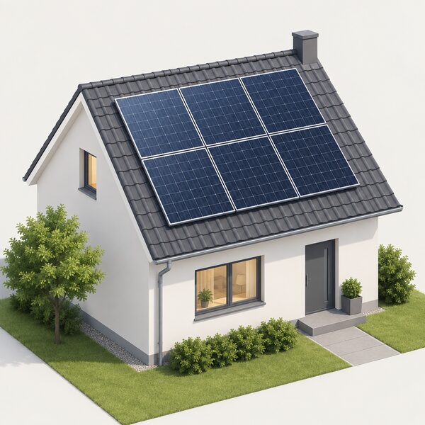 A glass-glass solar panel mounted on the pitched roof of a simple house, seen from outside at an angle that shows the whole module clearly, with a few neighbouring panels in the same array on the roof surface.