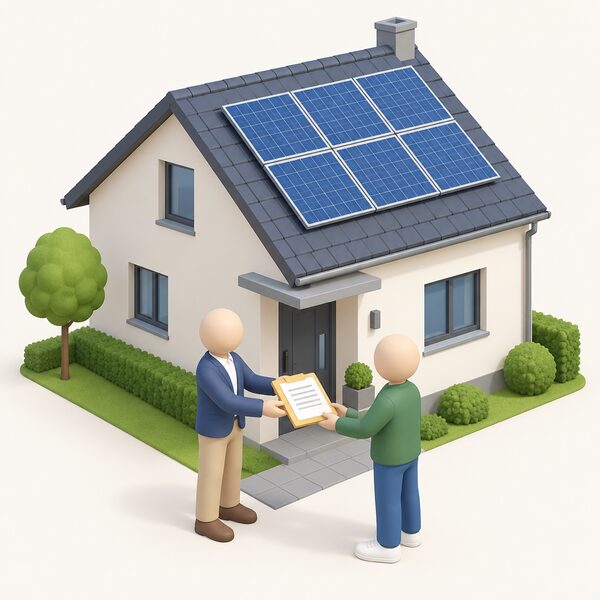 At the front door of a house with rooftop solar panels, a simplified seller figure hands a folder of warranty paperwork to a simplified new-owner figure, the papers passing between them as ownership of the home and modules changes hands.