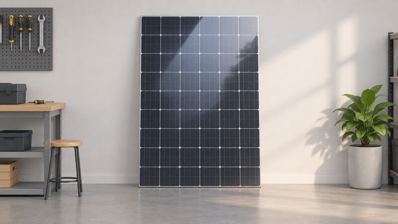 A single frameless glass-glass solar module shown face-on, its smooth glass surface reflecting light, with the grid of dark rectangular solar cells and their connecting ribbons visible through the front glass, resting upright against a plain workshop wall.