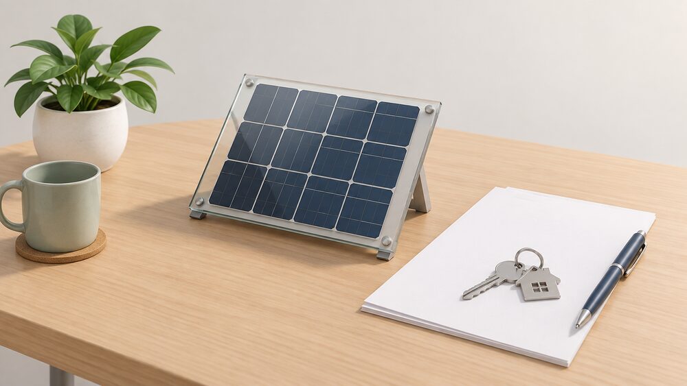 A small model of a glass-glass solar panel with visible cells between two glass sheets rests on a table beside blank warranty paperwork, a house key and a pen, suggesting a long guarantee that transfers with the home.