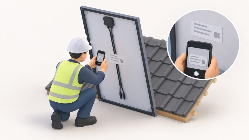 A simplified isometric installer crouching beside the back of a glass-glass solar panel propped against a roof, photographing the maker's type plate with its serial number shown as blank lines, phone in hand.