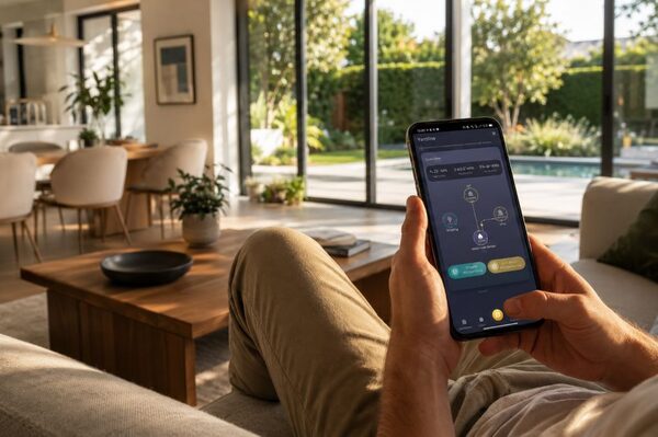 A person on a sofa using a smartphone showing a solar energy monitoring app in a modern living room