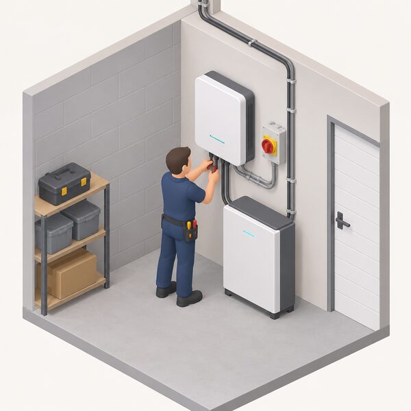 A certified installer in plain work clothing fits a wall-mounted solar battery inverter indoors on a garage or utility room wall, with conduit running from the inverter to a floor-standing battery unit beside it and cabling rising toward the ceiling where the solar supply enters, tools neatly in hand.