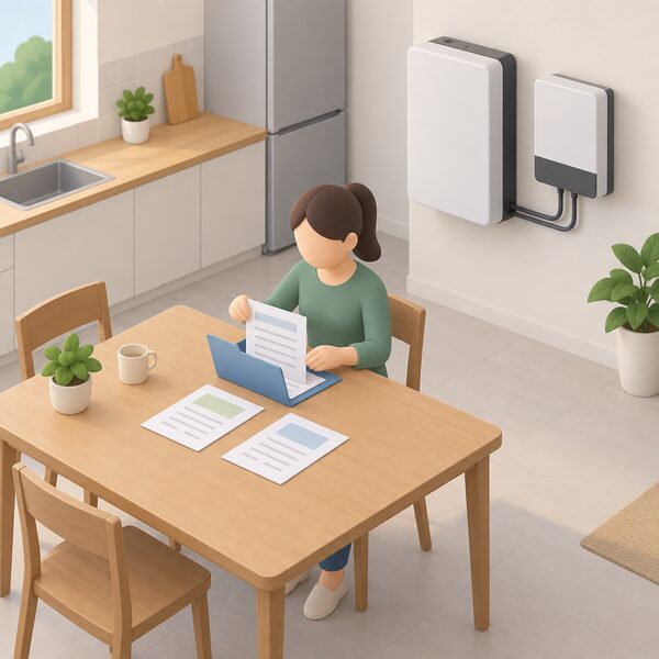 A simplified isometric household figure at a kitchen table filing three documents together in a folder: a commissioning record sheet, a card showing the inverter serial number as blank lines, and a registration confirmation sheet, with a small wall-mounted battery and inverter visible in the background of the room.