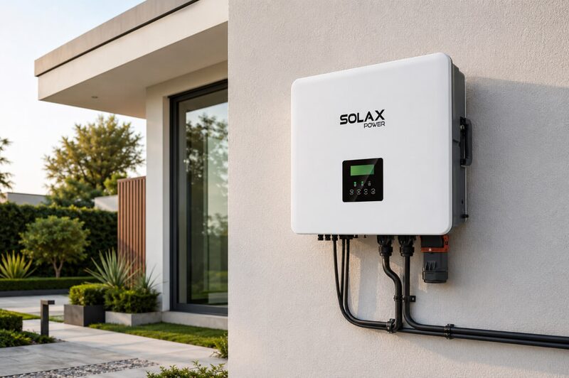 A white SolaX Power hybrid inverter mounted on an exterior wall of a modern house