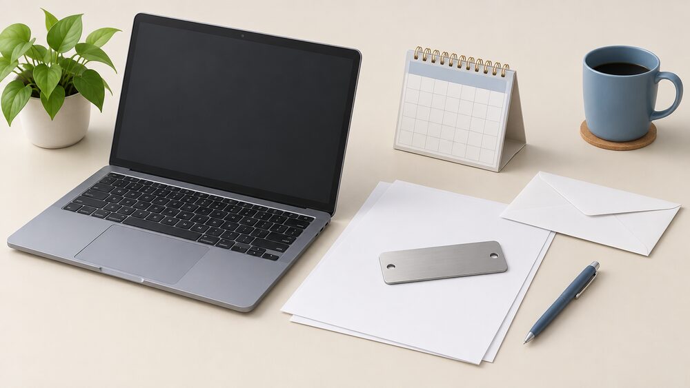 A small tabletop arrangement showing a laptop with a blank screen beside blank sheets of paper, a sealed envelope, a small desk calendar and a wall-mounted home battery's detachable serial-number plate resting on the papers, all lit by plain daylight.