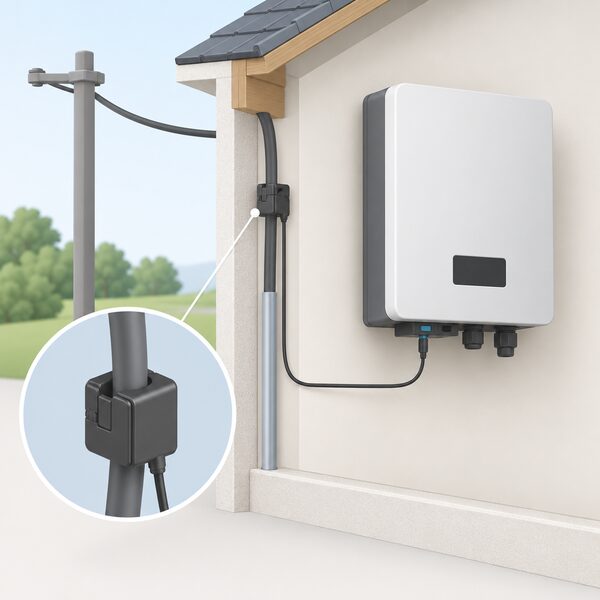 A wall-mounted solar inverter with a small current transformer clipped around the household's incoming grid supply cable, its thin signal lead running back to the CT interface port at the base of the inverter.