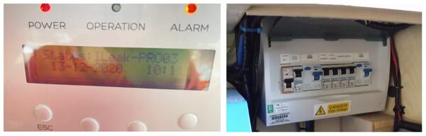 A collage of two photos: a solar inverter display showing an IL-leak fault status, and a consumer unit with circuit breakers labelled Danger High Voltage