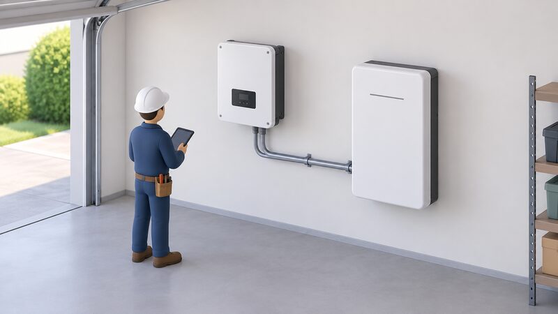 A small isometric installer figure stands beside a Solis hybrid inverter fixed with visible screws to a garage wall, with generous clear space on all sides, conduit running from the inverter to a battery unit mounted alongside it on the same wall.