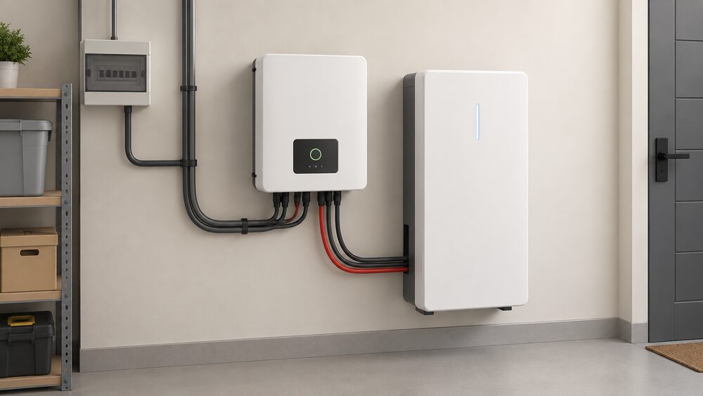 A compact wall-mounted Solis string inverter indoors in a utility space, shown close up with a battery unit beside it on the same wall and cabling running from the inverter to the battery and away toward the consumer unit.