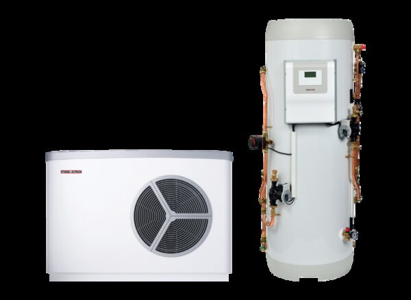 A Stiebel Eltron air source heat pump outdoor unit next to a hot water cylinder with copper pipework and controls