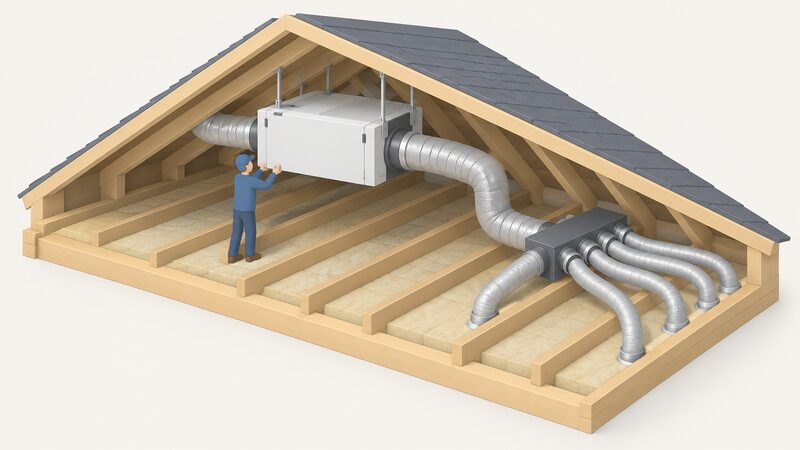 A loft space with a centralised MVHR unit mounted at ceiling level on joists, with insulated ducting running from the unit to a distribution manifold and branching ducts heading off towards wet rooms, one small isometric figure steadying the unit.