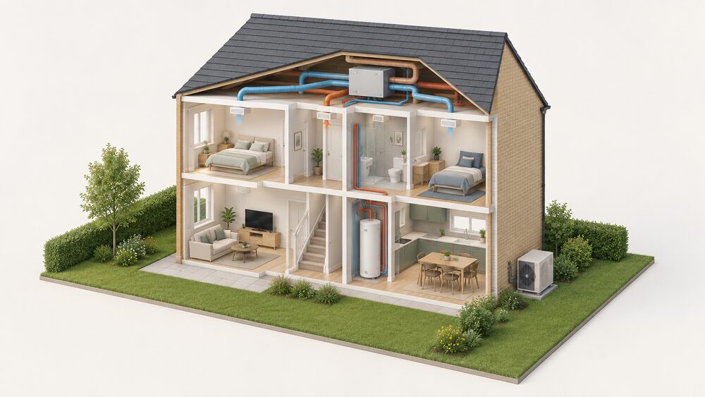 A cutaway of a small house showing an air source heat pump unit standing outside on the ground at the rear wall, a hot water cylinder and a centralised MVHR ventilation unit inside, connected to the rooms of the house.