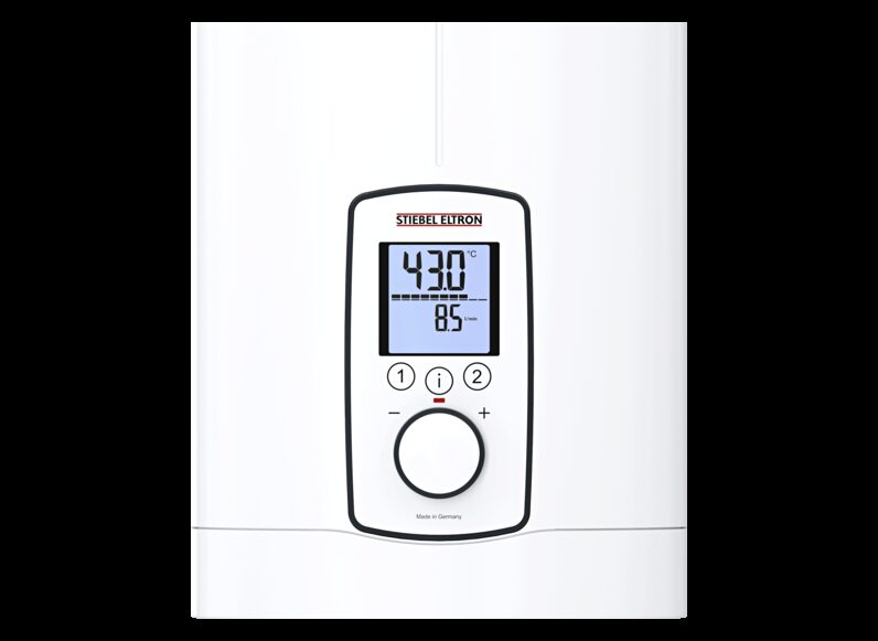 A white Stiebel Eltron DHE 27 instantaneous electric water heater unit with a digital display showing temperature and flow rate