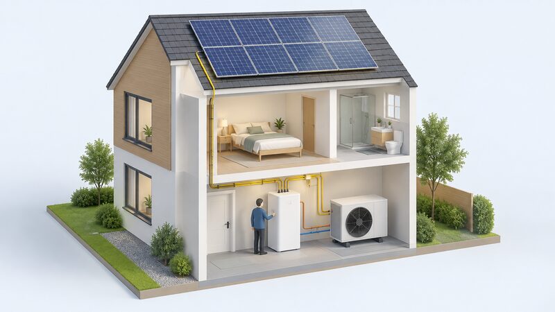 A cutaway house view showing a rooftop solar PV array with cabling running down inside the building to a Sunamp-style heat battery unit connected alongside a heat pump, with a small figure checking the link between them.